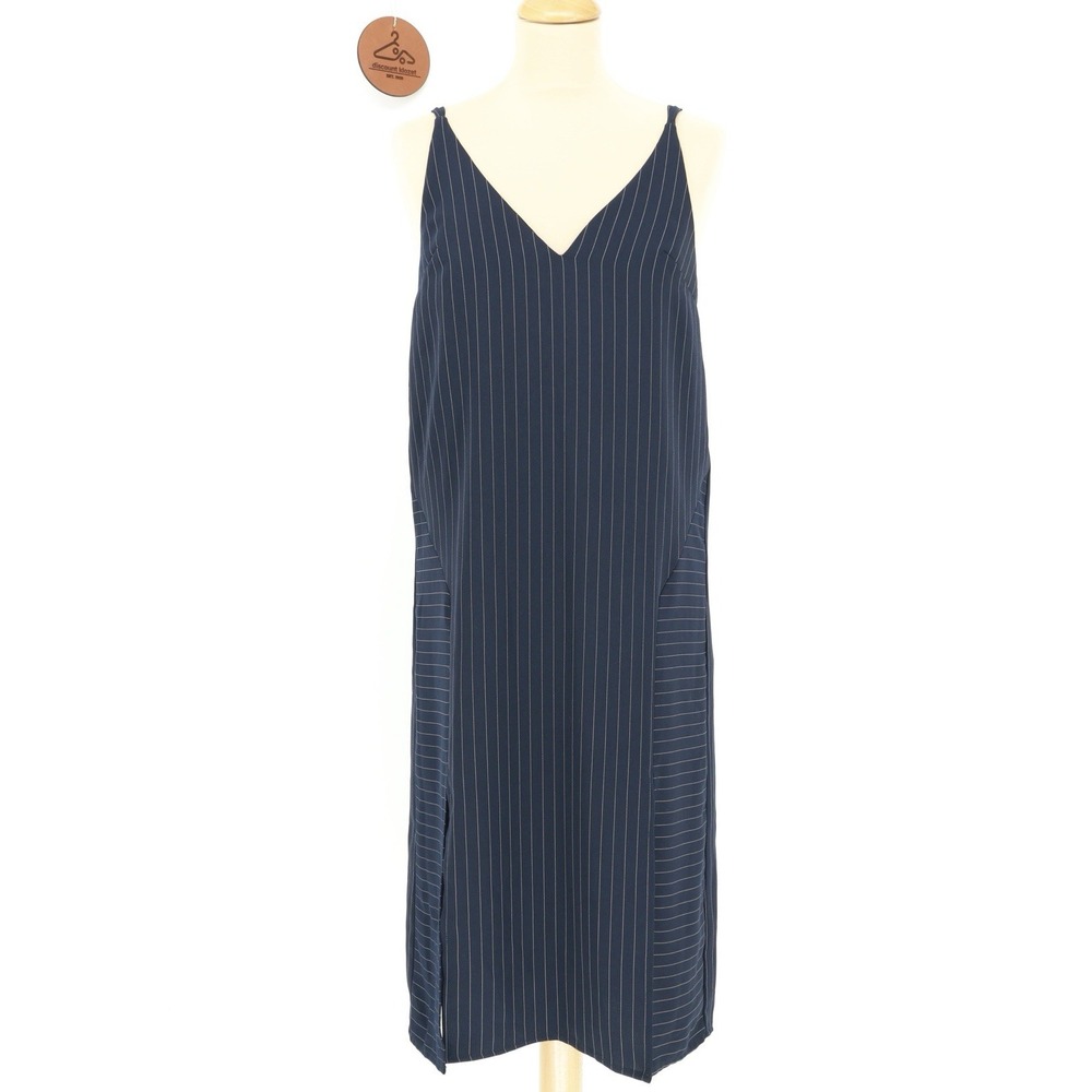 Topshop Slip Dress Navy Pinstripe Straight Midi‎ Loose Minimalist Size 4 Slits